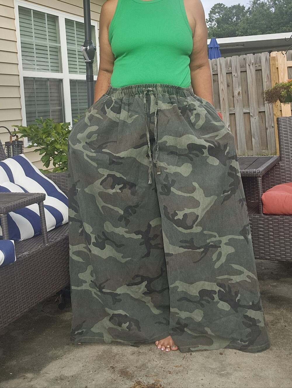Wide Leg Flare Jeans in Camouflage Green - Picture 4 of 5